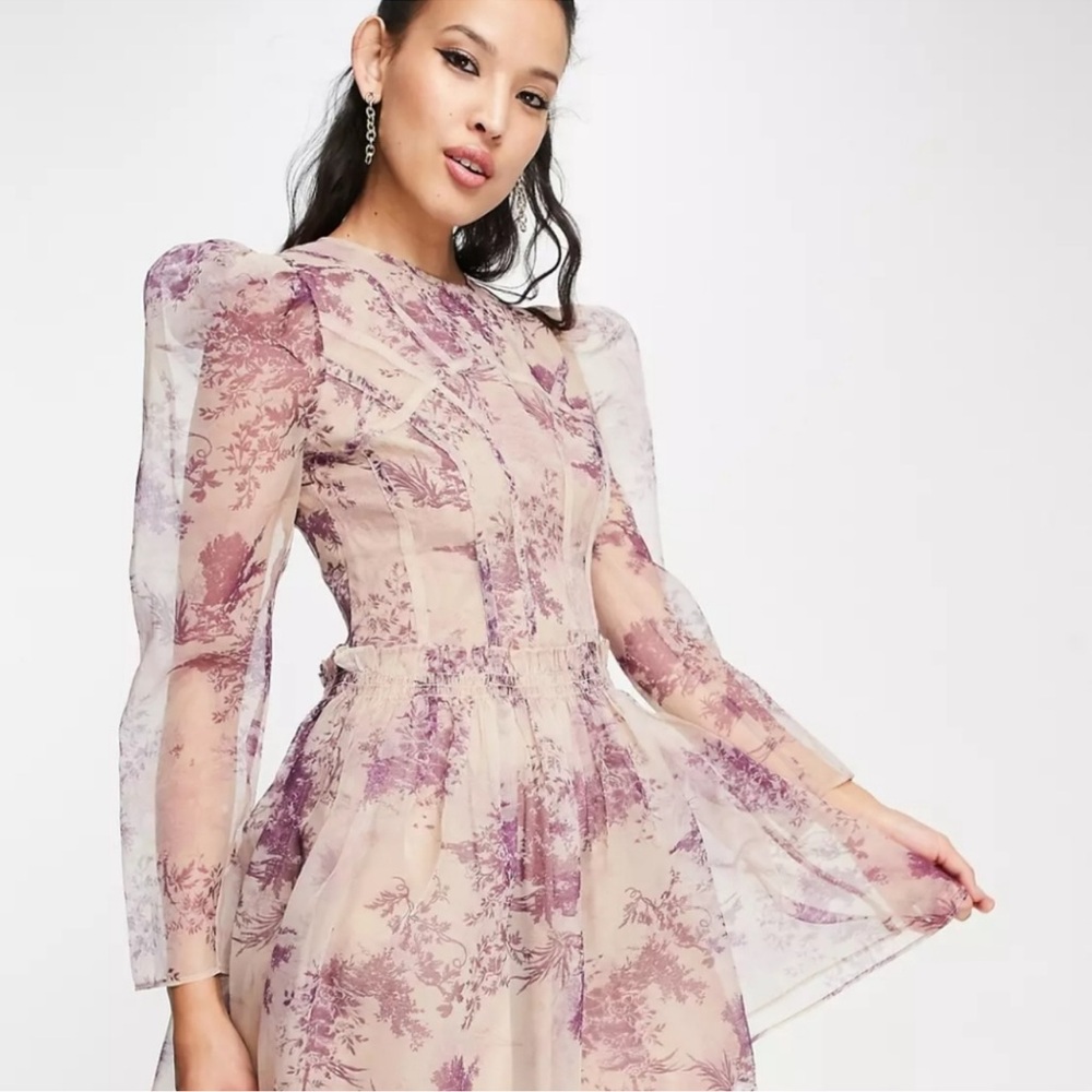 ASOS DESIGN organza seam detail mini dress in purple toile de juoy print